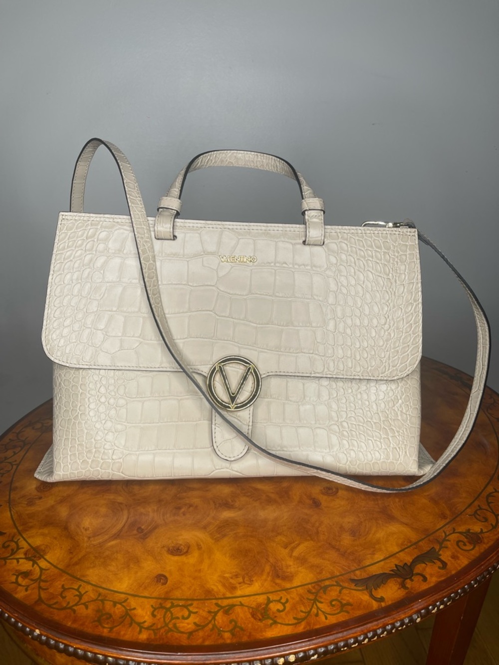 Valentino Ivory Croc-Embossed Top Handle Satchel with Gold Logo
